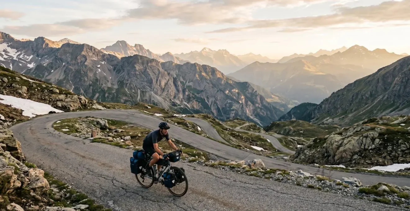 Cycliste en montagne au-dessus de 1500m d'altitude dans un paysage alpin naturel