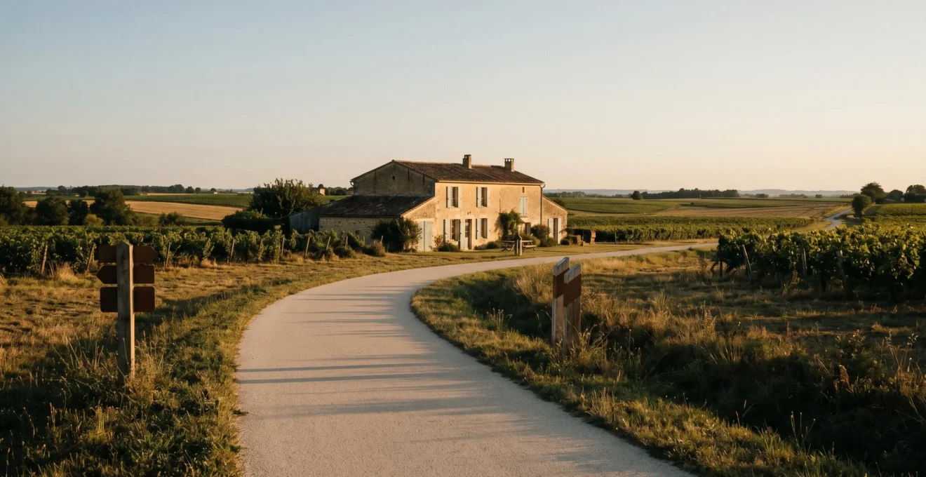 Paysage rural français le long d'une véloroute avec un hébergement traditionnel en arrière-plan