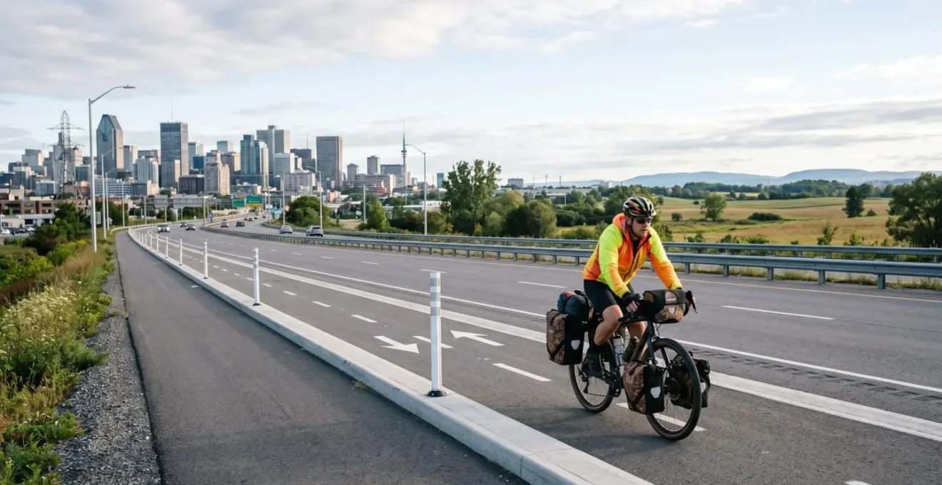 Cycliste voyageur sur piste cyclable protégée sortant d'une zone urbaine vers la campagne