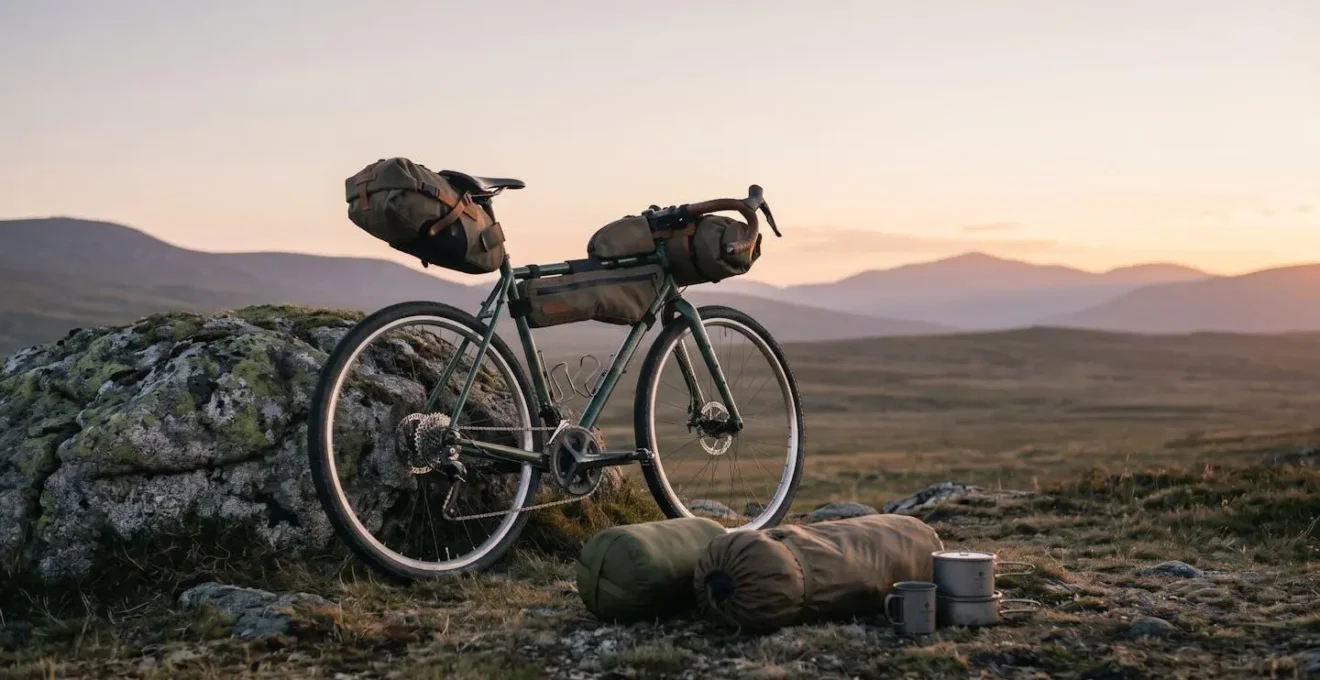 Cycliste rangeant son équipement minimaliste lors d'un bivouac en pleine nature