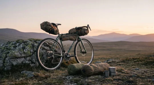 Cycliste rangeant son équipement minimaliste lors d'un bivouac en pleine nature