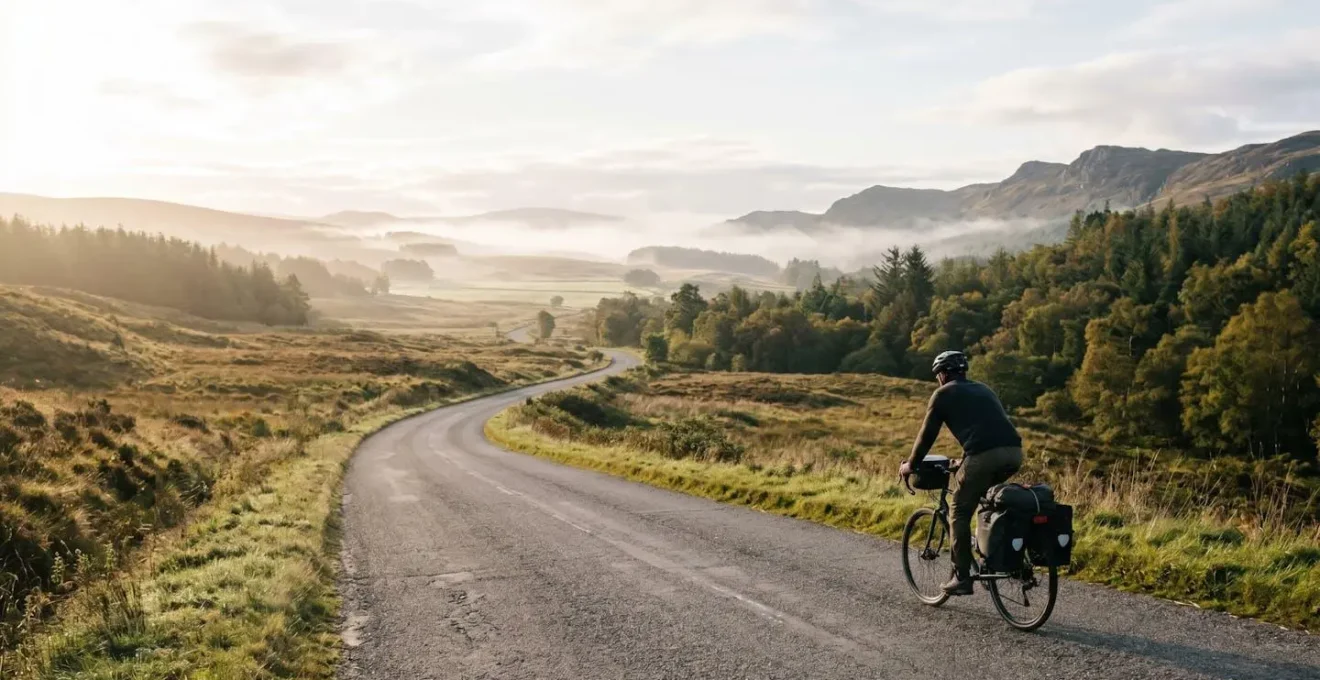 Cycliste sur une route tranquille de campagne lors d'un week-end en autonomie complète