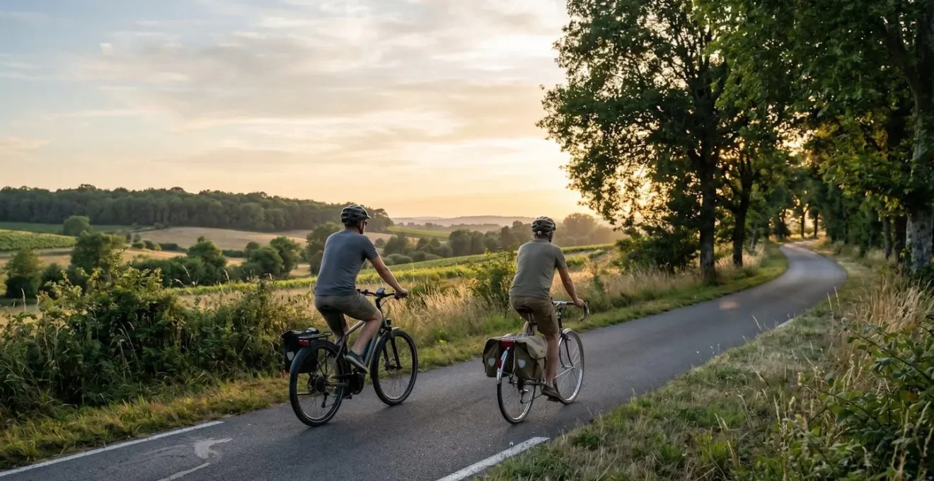 Couple à vélo sur une voie verte française, ambiance détendue de cyclotourisme
