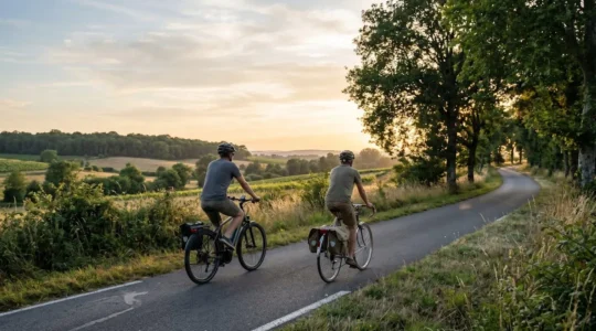 Couple à vélo sur une voie verte française, ambiance détendue de cyclotourisme
