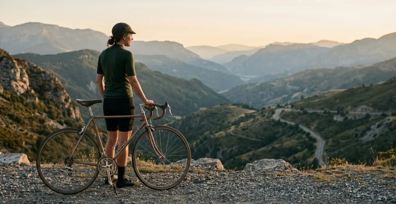 Cycliste à l'arrêt admirant un paysage de montagne, vélo posé contre un muret, sans aucun écran visible