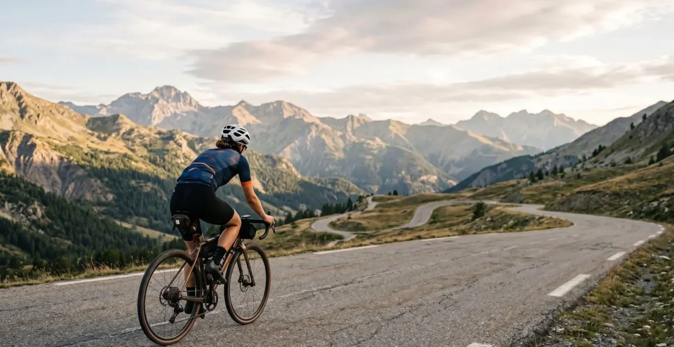 Cycliste solitaire sur route de montagne incarnant la détermination mentale face au défi des 100 kilomètres