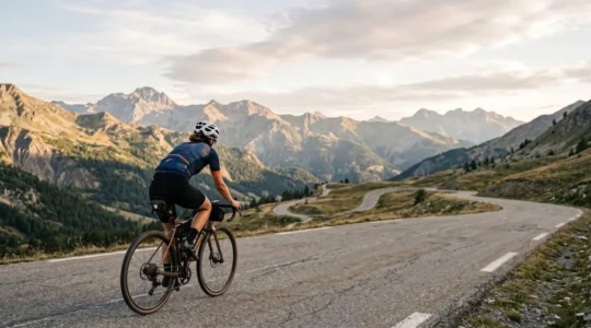 Cycliste solitaire sur route de montagne incarnant la détermination mentale face au défi des 100 kilomètres