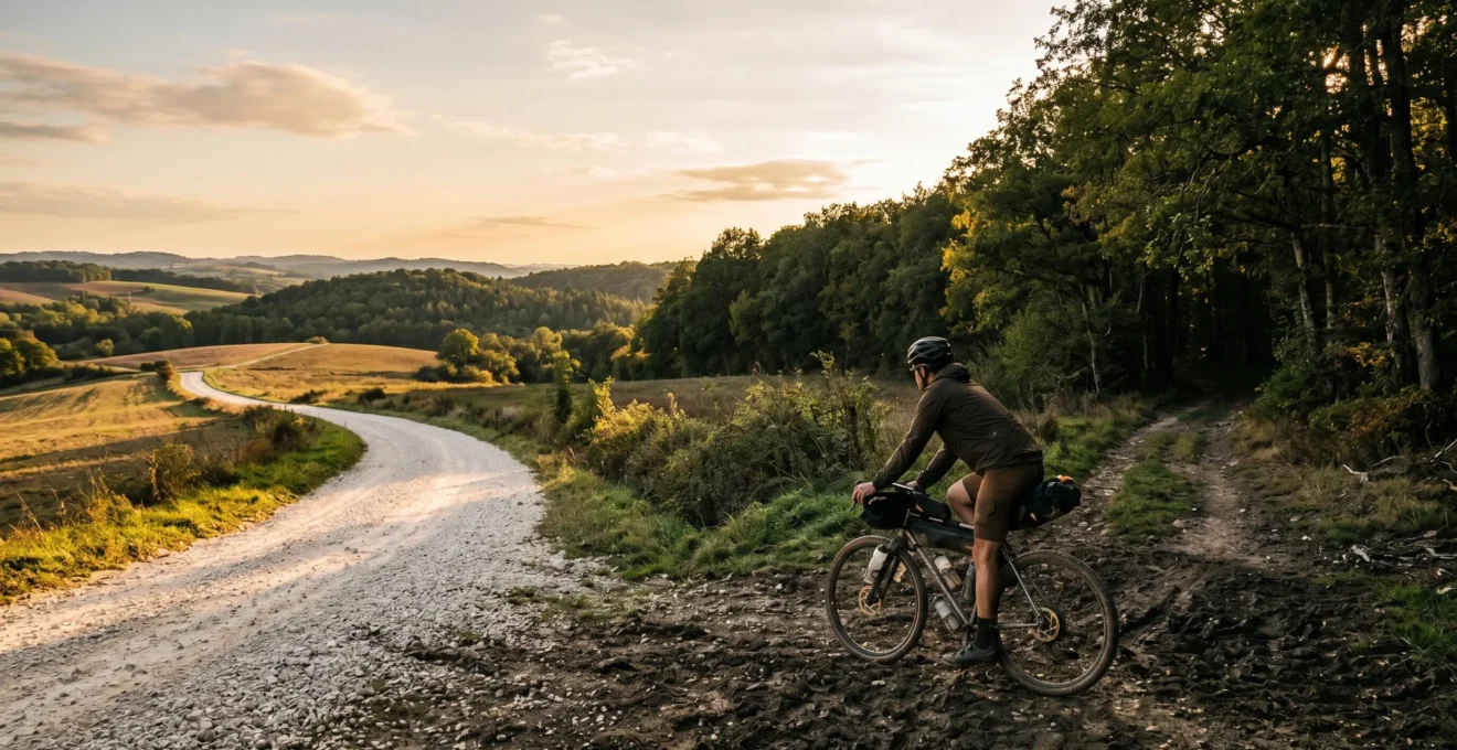Cycliste sur vélo gravel analysant un itinéraire sur terrain varié entre chemins blancs et sentiers forestiers