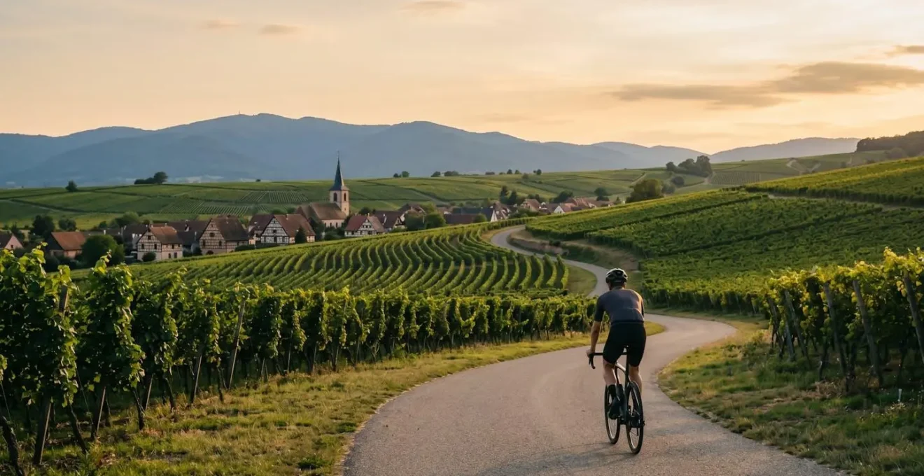 Cycliste pédalant sur la Route des Vins d'Alsace avec vignobles et montagnes des Vosges en arrière-plan