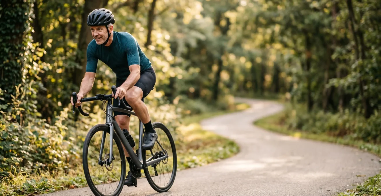 Cycliste de plus de 40 ans en pleine action sur un vélo, mouvement fluide préservant les articulations