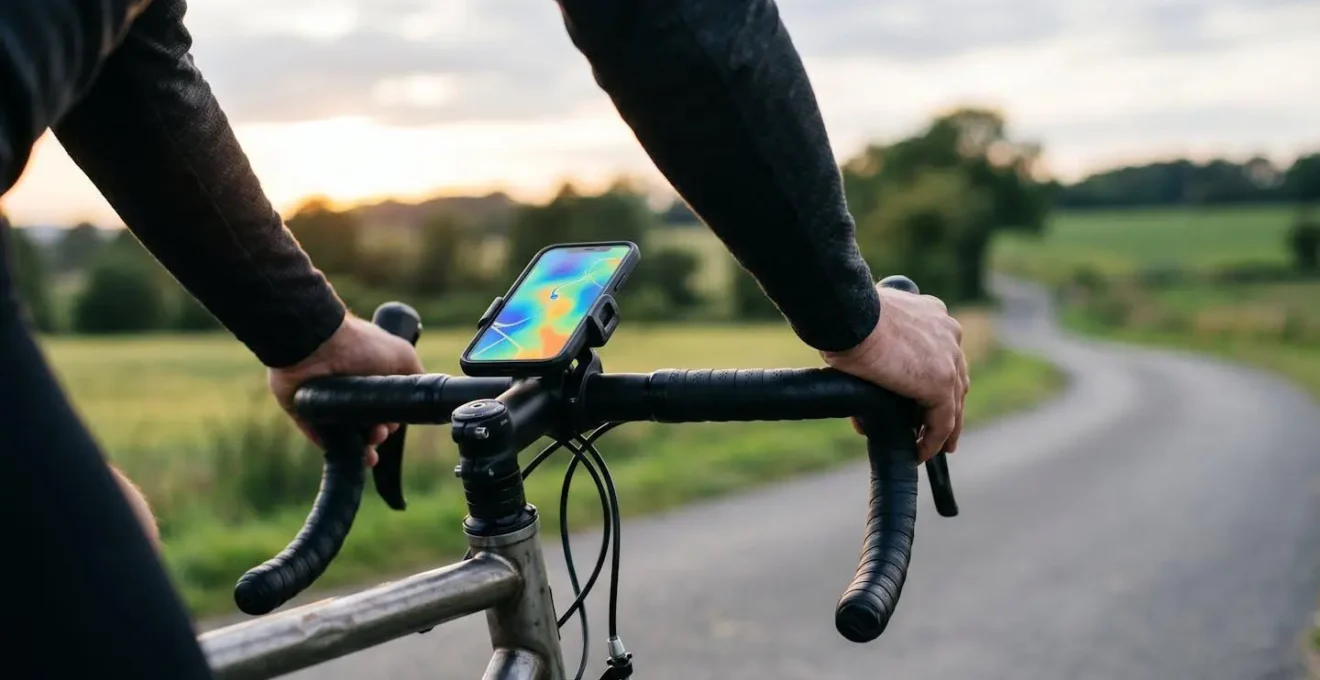 Cycliste consultant une application GPS de navigation sur smartphone fixé au guidon