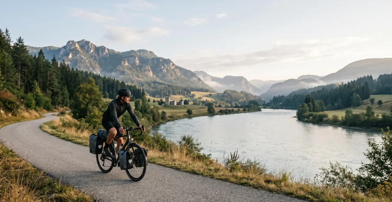 Cycliste solitaire sur une piste cyclable européenne traversant un paysage fluvial paisible