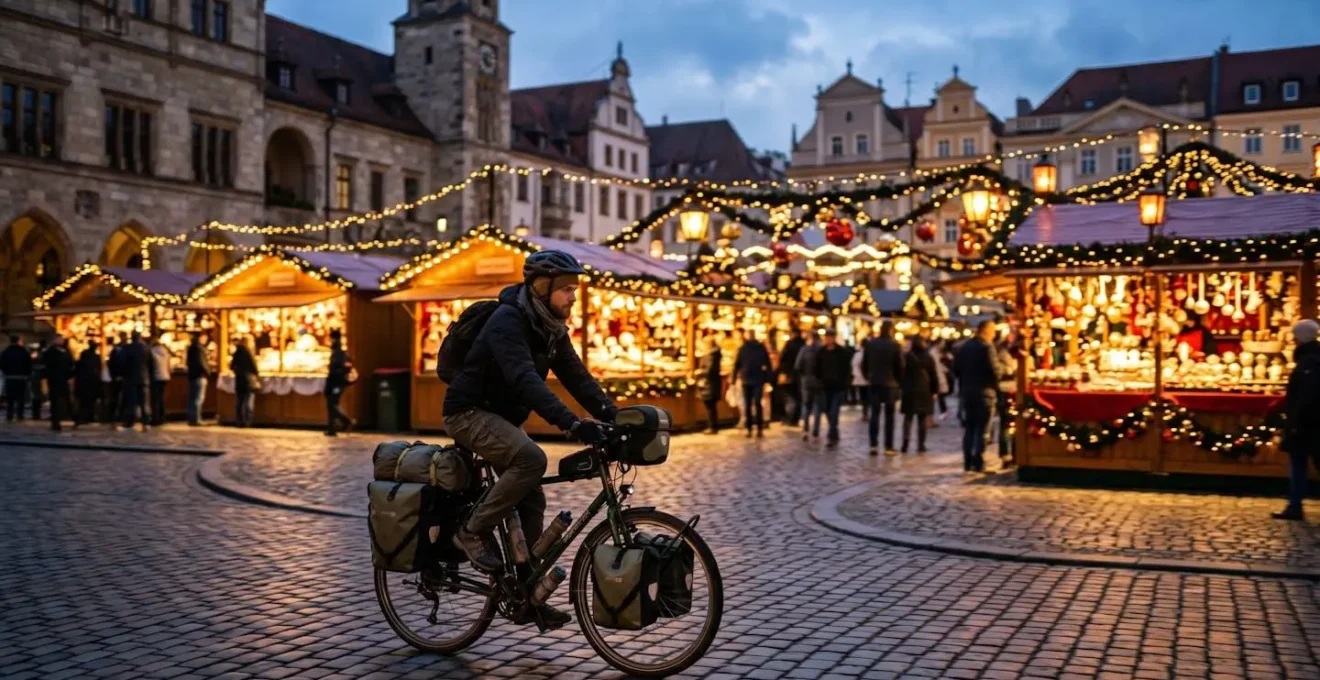 Cycliste avec vélo chargé de sacoches traversant une place illuminée lors d'un marché de Noël au crépuscule