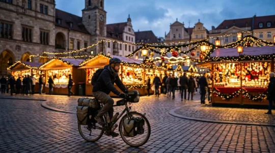 Cycliste avec vélo chargé de sacoches traversant une place illuminée lors d'un marché de Noël au crépuscule