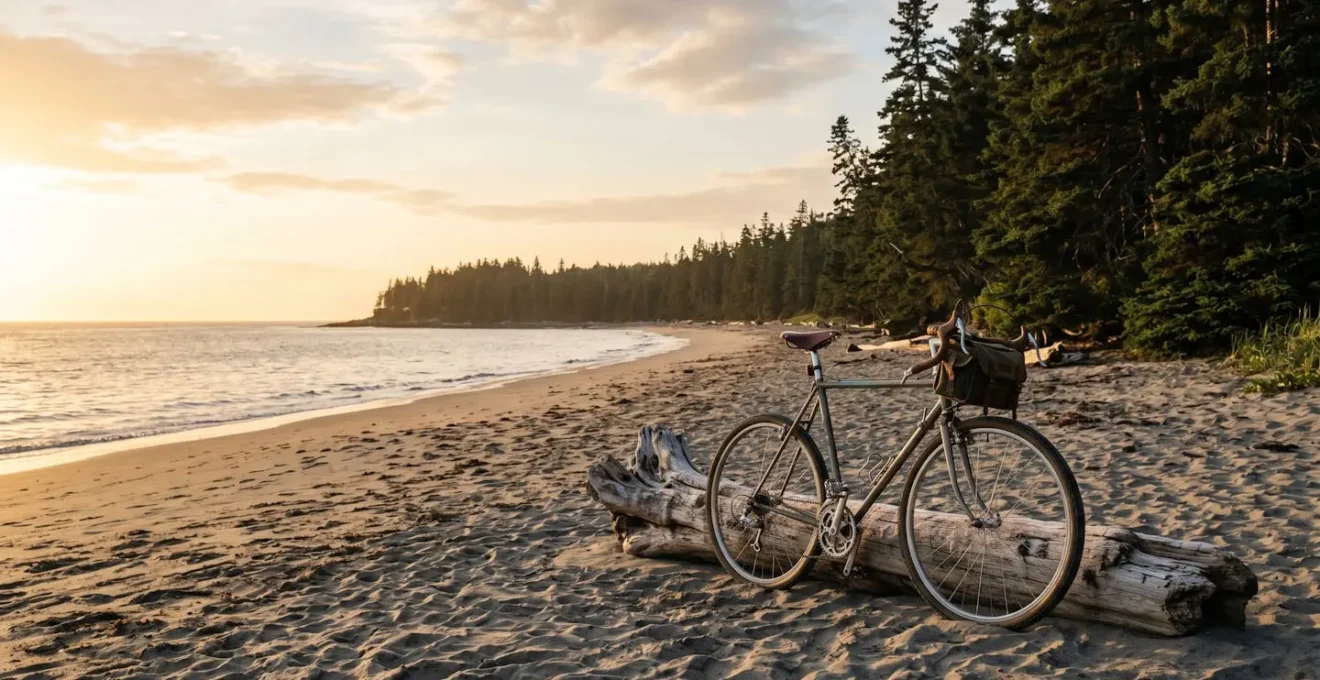 Cycliste seul dans un paysage naturel tranquille contemplant le choix entre forêt et océan pour une détox digitale