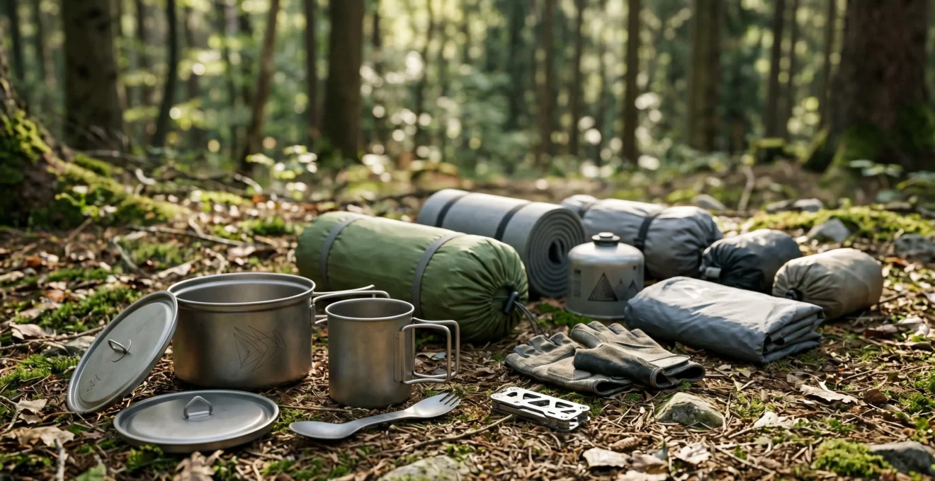 Vue d'ensemble d'équipement de bikepacking disposé sur un sol naturel avec popote en titane