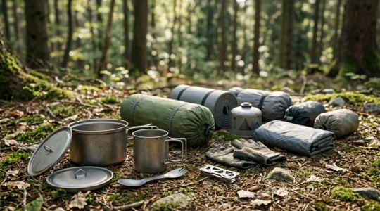 Vue d'ensemble d'équipement de bikepacking disposé sur un sol naturel avec popote en titane