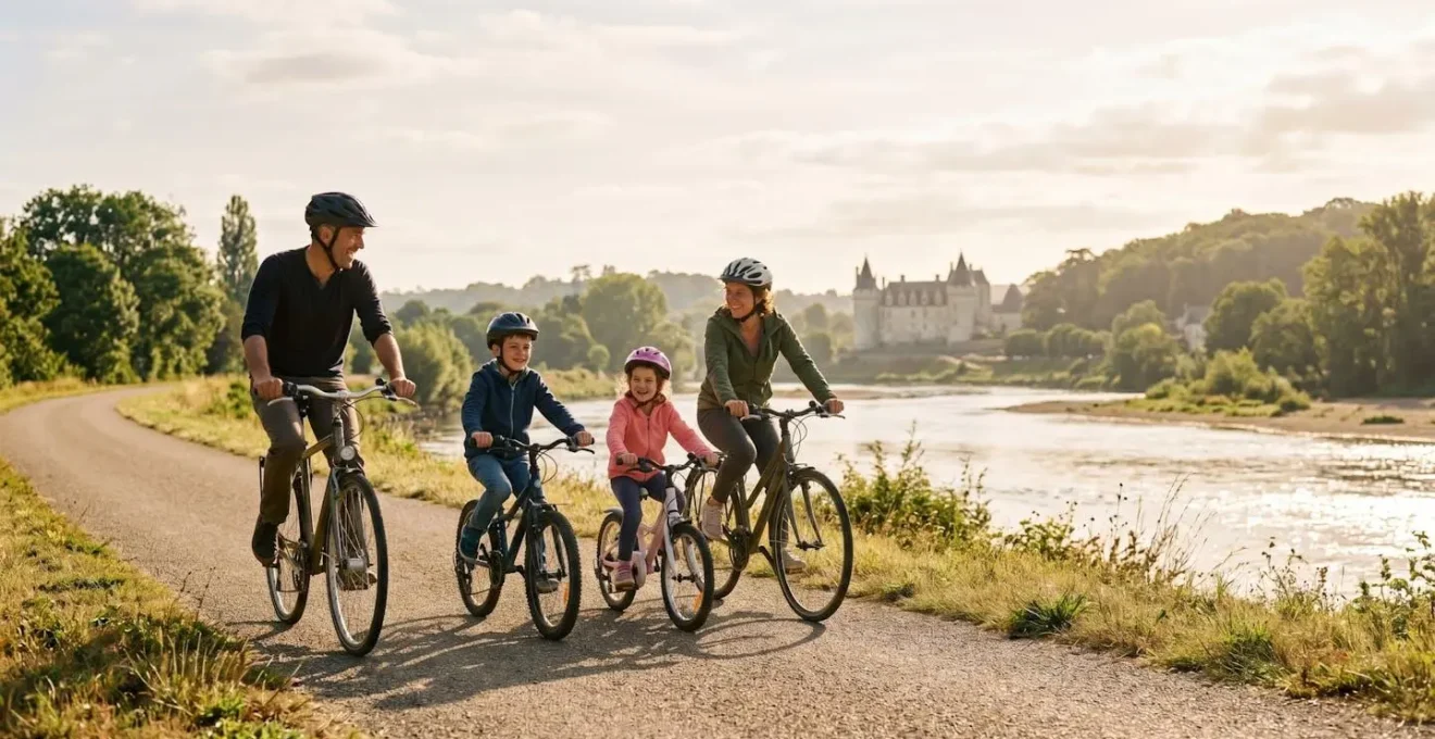 Une famille à vélo longeant les bords de la Loire au lever du soleil avec les châteaux en arrière-plan