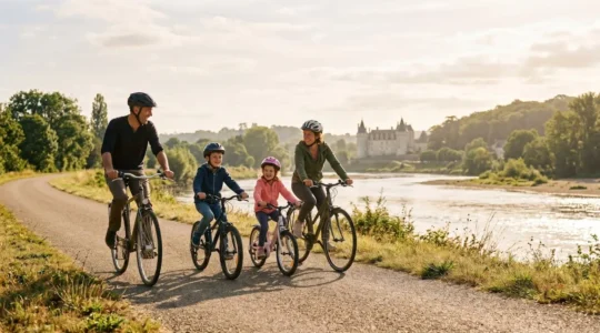 Une famille à vélo longeant les bords de la Loire au lever du soleil avec les châteaux en arrière-plan