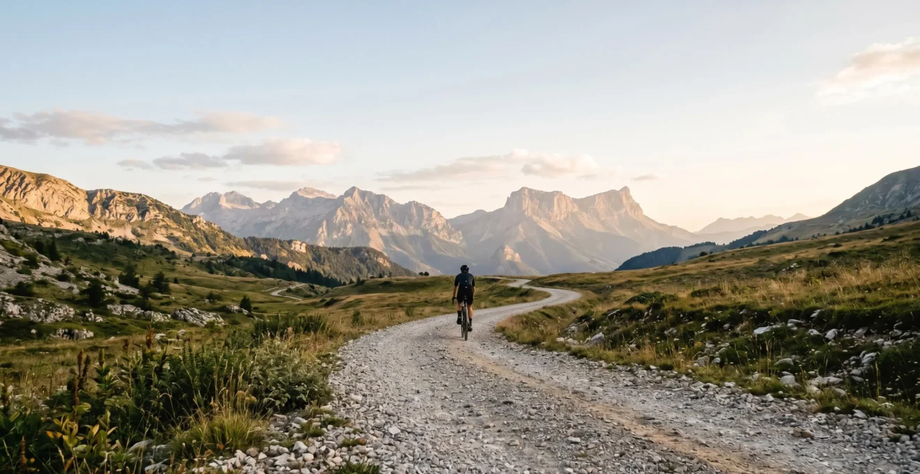 Vue panoramique d'un chemin de gravier longeant un col de montagne français avec espace négatif pour texte
