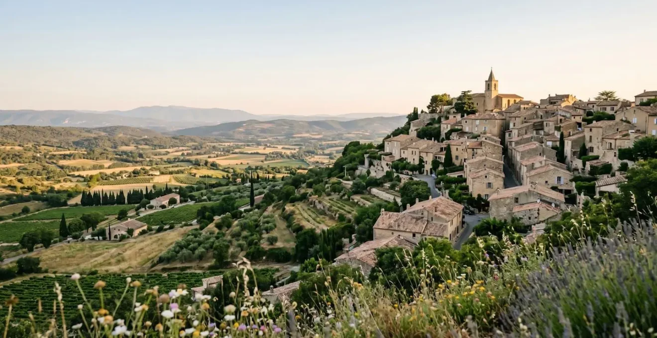 Vue panoramique d'un village de pierre perché sur une colline verdoyante sous un ciel d'été, évoquant l'authenticité des Plus Beaux Villages de France