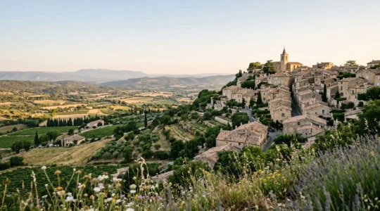Vue panoramique d'un village de pierre perché sur une colline verdoyante sous un ciel d'été, évoquant l'authenticité des Plus Beaux Villages de France