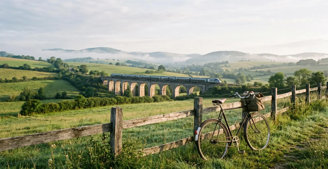 Voyage en train et vélo à travers la campagne française avec un paysage naturel serein