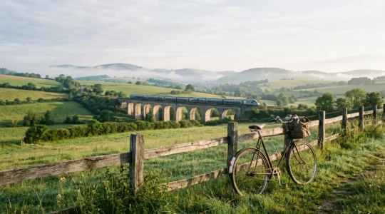 Voyage en train et vélo à travers la campagne française avec un paysage naturel serein