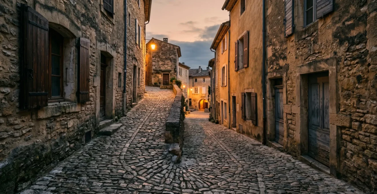 Ruelle pavée en calade menant vers une place de village médiéval français au crépuscule