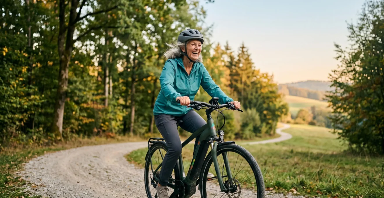 Senior actif à vélo électrique sur chemin naturel, incarnant vitalité et autonomie après 65 ans