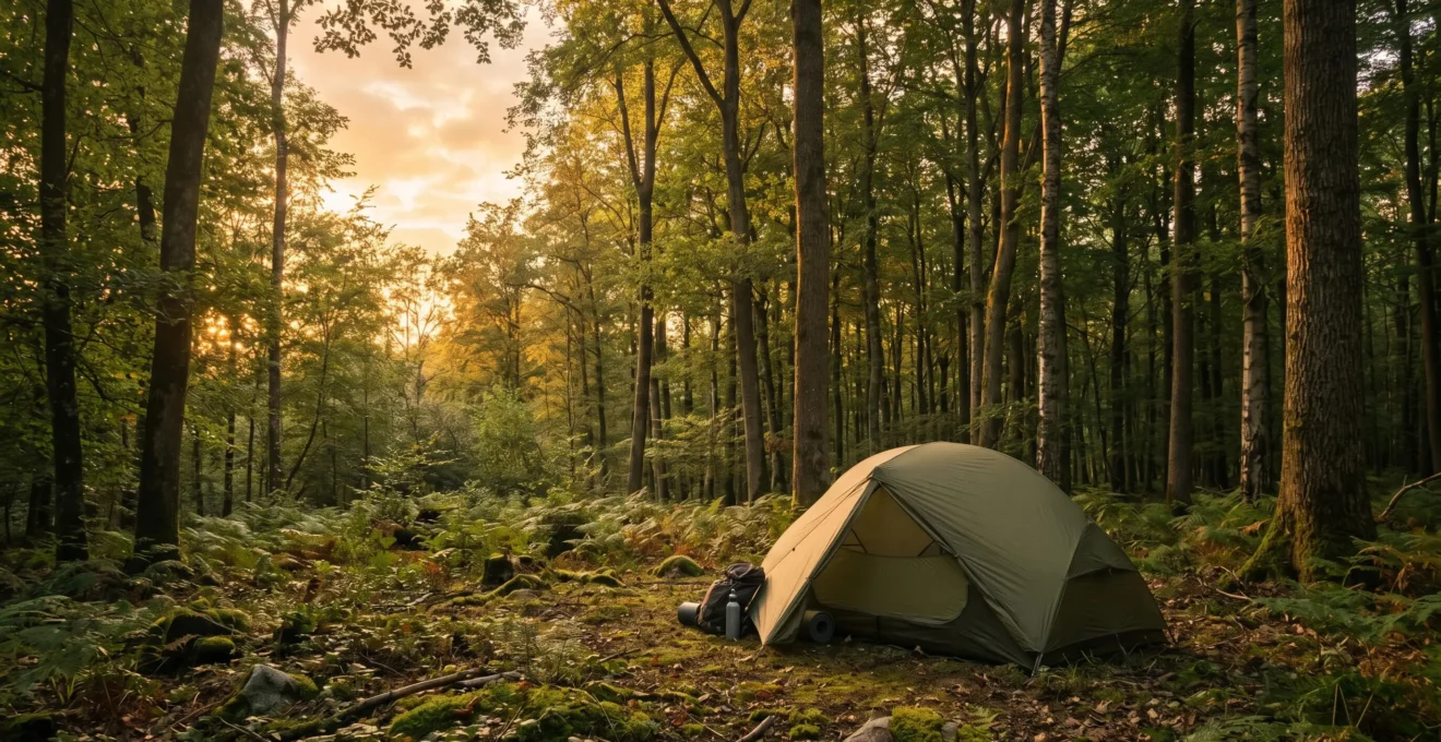 Tente de bivouac installée dans une clairière de forêt française au coucher du soleil
