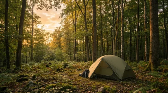 Tente de bivouac installée dans une clairière de forêt française au coucher du soleil