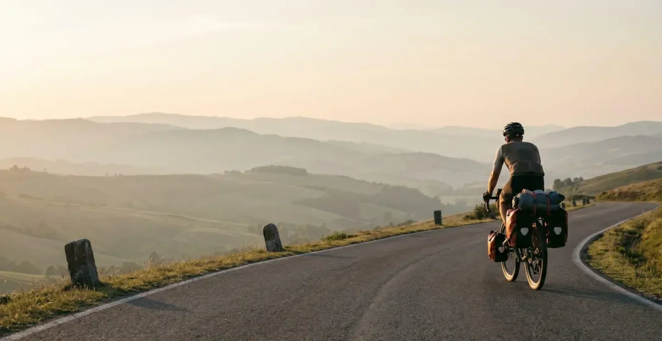 Cycliste avec vélo chargé de sacoches traversant un paysage européen vallonné au lever du soleil
