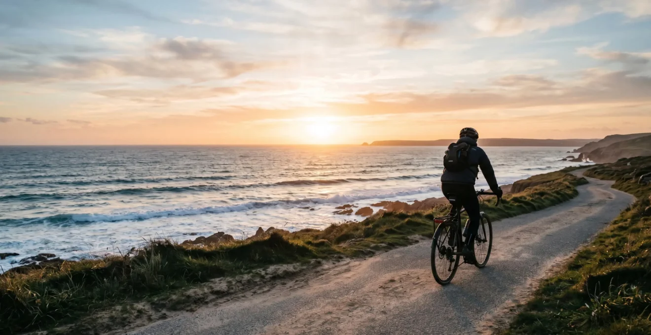 Cycliste roulant sur une piste cyclable longeant l'océan Atlantique avec embruns marins