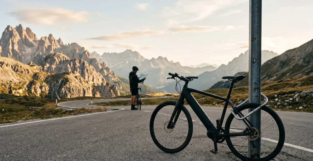 Cycliste en voyage avec son vélo à assistance électrique sécurisé devant un paysage montagneux