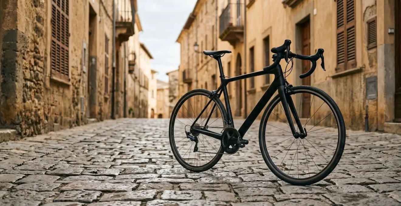 Cycliste sur vélo de route parcourant une rue pavée d'un centre historique français