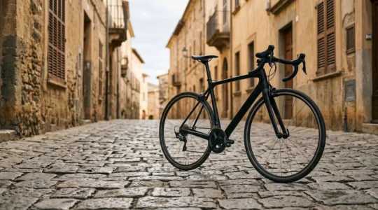 Cycliste sur vélo de route parcourant une rue pavée d'un centre historique français