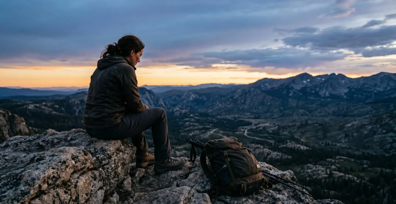 Voyageur solitaire assis face à un paysage de montagne au crépuscule, moment de réflexion et de fatigue émotionnelle