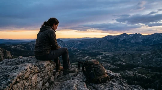 Voyageur solitaire assis face à un paysage de montagne au crépuscule, moment de réflexion et de fatigue émotionnelle
